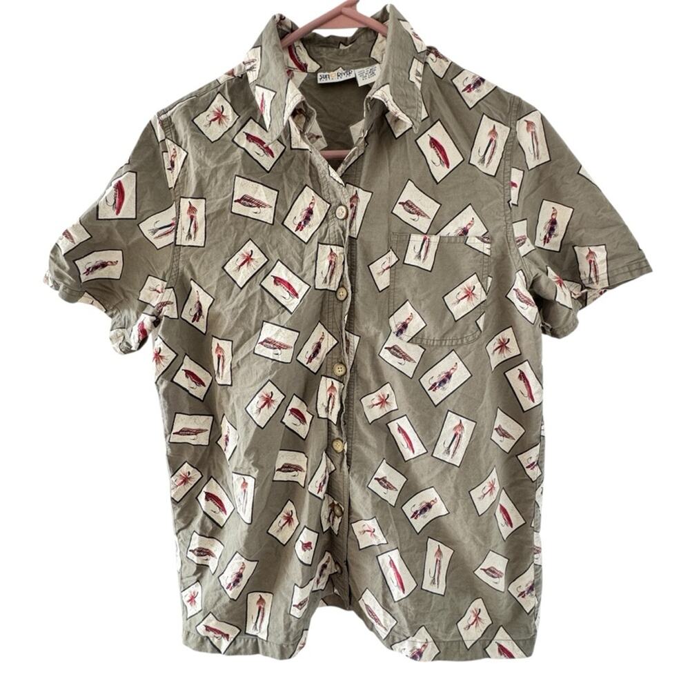 Vintage Sun River Men’s Shirt Sleeve Button Up Fishing Lures Sage Green Size M